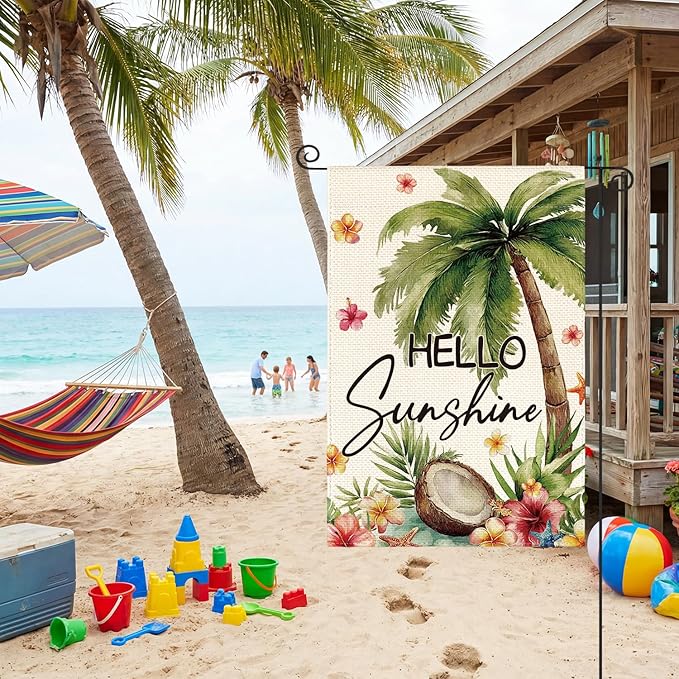 AVOIN colorlife Summer Tropical Palm Tree Garden Flag 12x18 Inch Double Sided Outside, Hello Sunshine Seasonal Burlap Yard Outdoor Decoration
