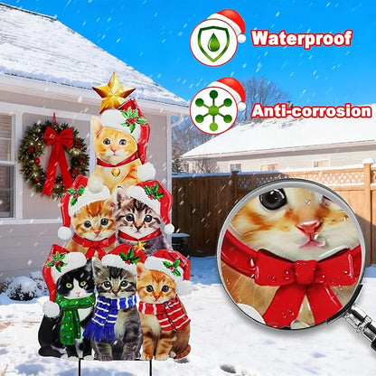 Cute cat Garden Insert, Christmas Art Decoration Yard Sign, Santa hat-Wearing Post, cat Stacking Fun Christmas Tree-Shaped pet Post, Outdoor Lawn Decoration