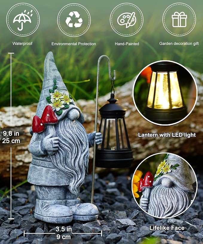Garden Gnome with Solar Lantern: Outdoor Statue Decorations for Home Yard Lawn Balcony Patio Porch - Mothers Day Gifts for Mom Women Grandma