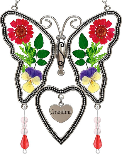 Suncatcher Grandma Butterfly Heart Shaped Glass Suncatcher with Pressed Flower Nana Gifts Wind Chimes with Real Flowers, Pendant Birthday Gifts for Grandma Mother`s Day Indoor Décor