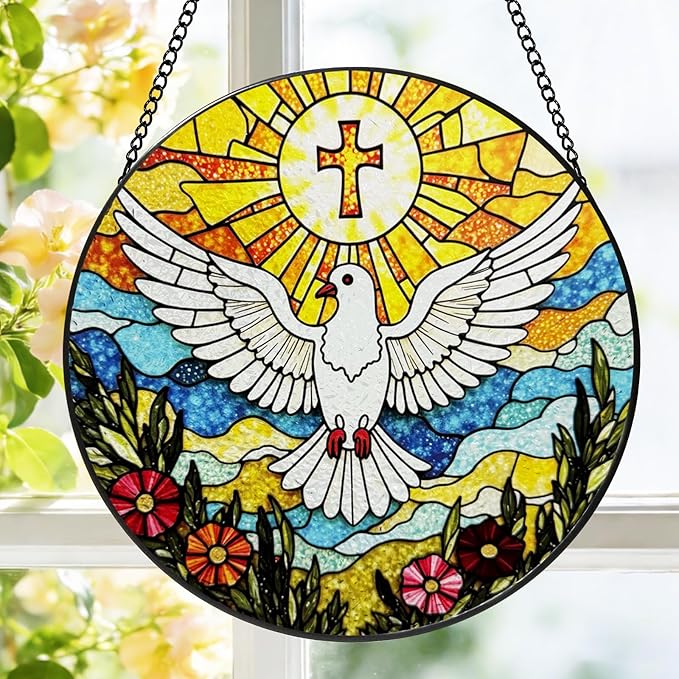 Stained Glass Cross Pigeon Suncatcher Window Hanging, Religious Sun Catchers Indoor Window, Suncatchers for Windows Hanging, Home Garden Decor Glass Panel, Easter Faith Christian Gifts for Women Men
