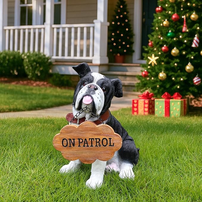 English Bulldog Garden Statue with Solar Lantern & Double-Sided Sign, 12.6" Resin Dog Figurine Outdoor Decor, Black and White Puppy Yard Art for Patio Porch Lawn Ornament, Dog Lover Gifts