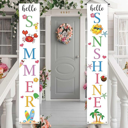 Lofaris Hello Summer Porch Sign Banner Hello Sunshine Party Decorations Beach Hanging Flag Summer Vacation Holiday Party Decor Yard Front Door Supplies
