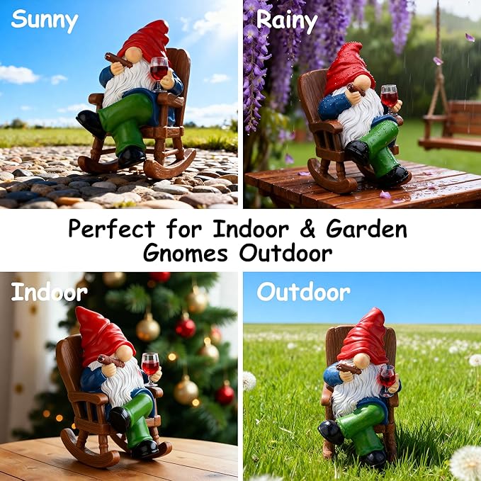 Toncoke Garden Gnomes for Outdoor, 7 Inch Gnomes Decorations for Yard, Gnome Garden Decor for Home Patio Lawn, Gnomes Gifts for Women Spring Summer Christmas Halloween (Rocking Chair & Wine Glass)