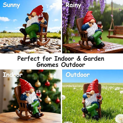 Toncoke Garden Gnomes for Outdoor, 7 Inch Gnomes Decorations for Yard, Gnome Garden Decor for Home Patio Lawn, Gnomes Gifts for Women Spring Summer Christmas Halloween (Rocking Chair & Wine Glass)