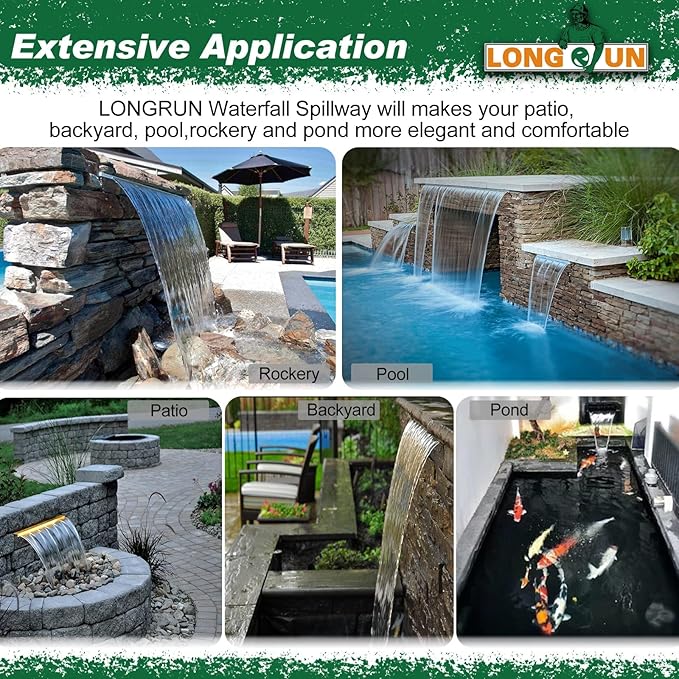 LONGRUN 60cm Pond Waterfall Blade,Acrylic Pool Fountain with RGB Bluetooth LED Light, Complete Waterfall & Stream Kits for Outdoor Water Features
