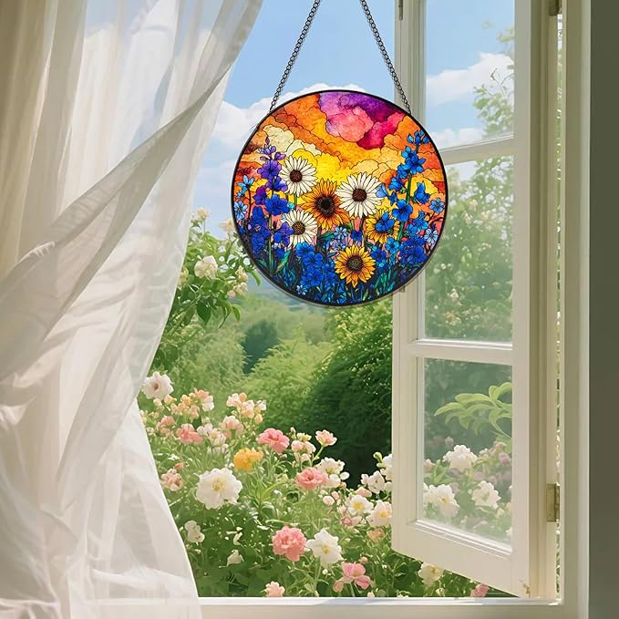 Stained Glass Window Hanging, Daisy Suncatcher for Doors Home Sun Catchers Decoration, Mother's Day Birthday Gifts for Women, Men, and Mom (Wildflowers)