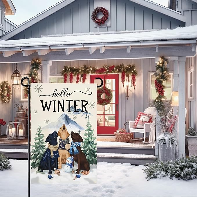 Hello Winter Garden Flag Double Sided Dog Retriever Retrievers Snowflake Burlap Yard Flag Rustic Farmhouse UV Fade Resistant Snow Man Small Garden Flags Front Porch Lawn Outdoor 12x18 Inch