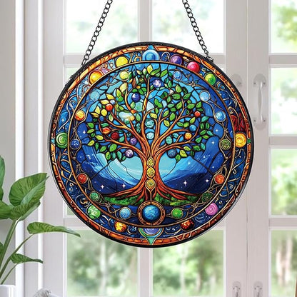 Rngmsi Tree of Life Stained Glass Window Hanging Gifts, 7.8″ Sun Catchers for Indoor Window Decor, Decorative Sun Catchers Home Wall Art Gift for Thanksgiving Christmas Housewarming