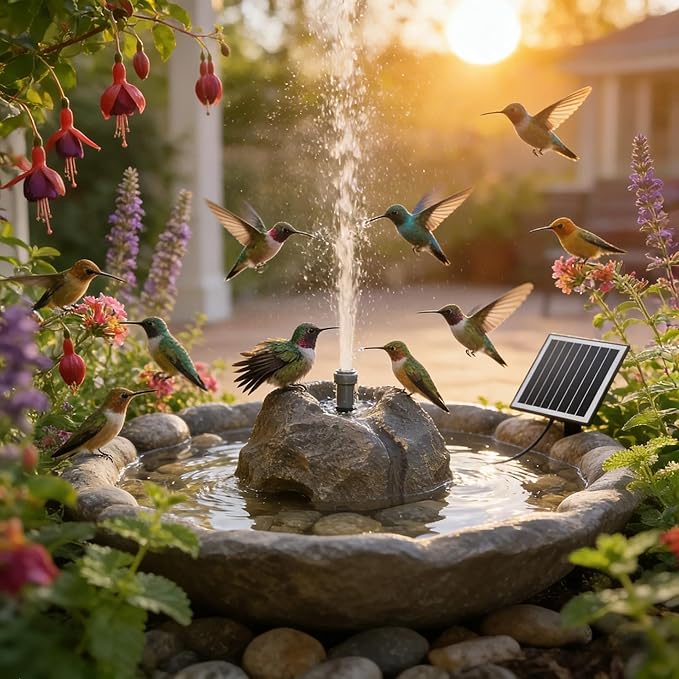 Realistic Granite Rock Solar Bird Bath Fountain - Solar Fountain for Bird Bath with Solar Panel Resin Granite Rock, Solar Powered Bird Bath Fountain for Garden Ponds (Gray)