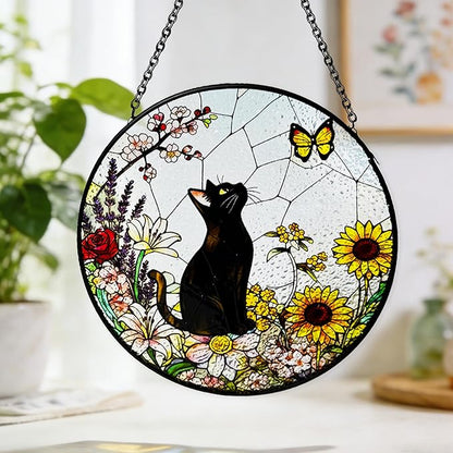 Cat Stained Glass Suncatcher Window, Hanging Sun Catchers Indoor Window, Suncatcher for Mom/Women (Black)