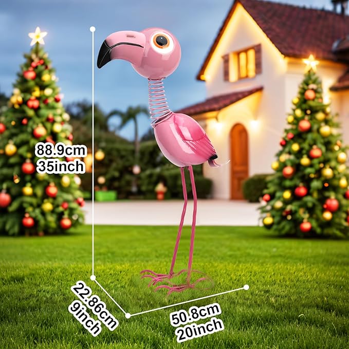 Pink Flamingo Metal Garden Statue, Life Size 35" Cute Spring-Neck Bobble Flamingo with Big Eyes & Long Legs, Adorable Metal Yard Decor for Lawn, Garden or Patio, Rustproof Iron Sculpture