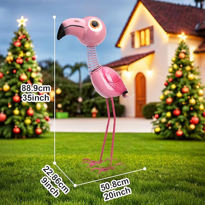 Pink Flamingo Metal Garden Statue, Life Size 35" Cute Spring-Neck Bobble Flamingo with Big Eyes & Long Legs, Adorable Metal Yard Decor for Lawn, Garden or Patio, Rustproof Iron Sculpture