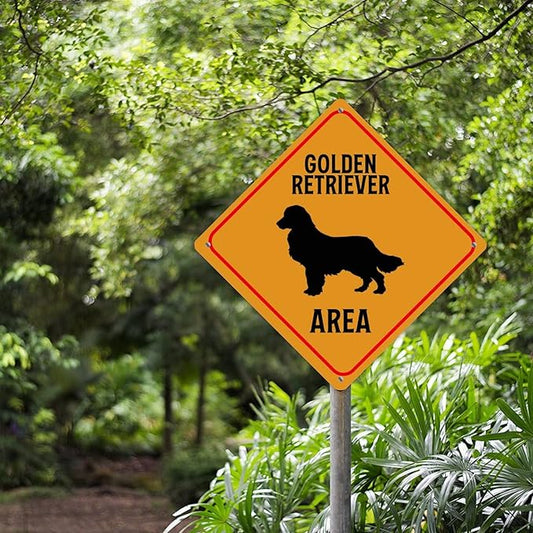 Warning Golden Retriever Area Metal Tin Sign Golden Retriever Dog Caution Crossing Xing Street Sign Yellow Diamond Shape Funny Metal Sign For Indoor Outdoor 12x12in