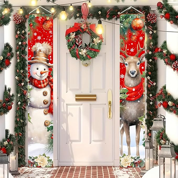 BlissYard Red Christmas Snowman and Reindeer Banners for Front Door Merry Christmas Door Banner Holiday Welcome Home Christma Decorations Xmas Porch Signs Winter Holiday Decor Elegant Porch Party Supplies 12x71 Inch