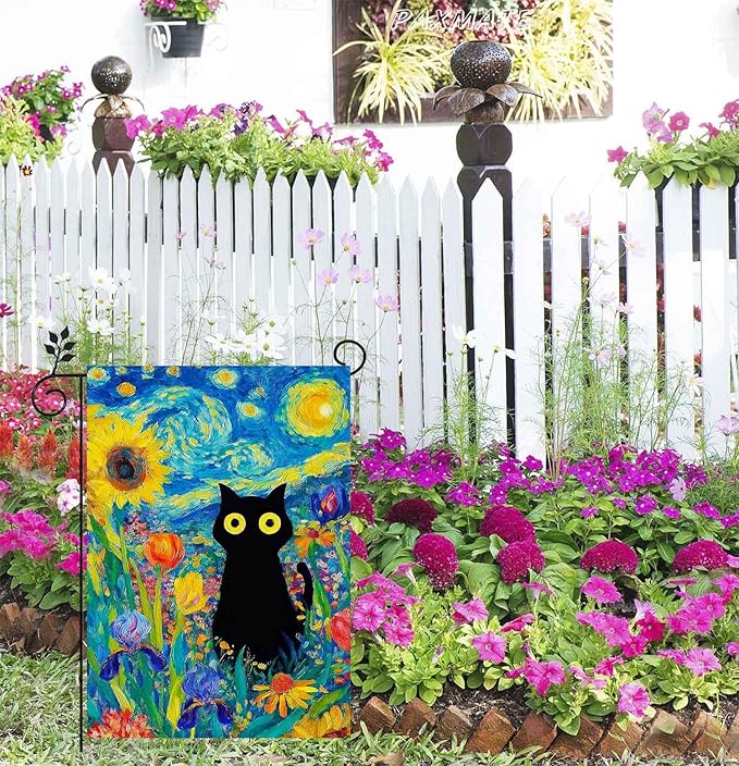 Oil Painting Starry Night Sky Moon Cat Flowers Spring Garden Flag 12x18 Inch Double Sided Small Burlap Yard Flag Seasonal Farmhouse Outdoor Outside Holiday Decoration