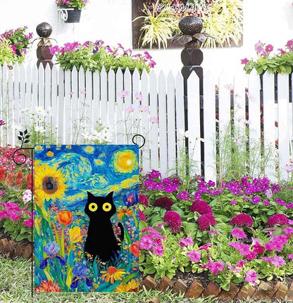 Oil Painting Starry Night Sky Moon Cat Flowers Spring Garden Flag 12x18 Inch Double Sided Small Burlap Yard Flag Seasonal Farmhouse Outdoor Outside Holiday Decoration