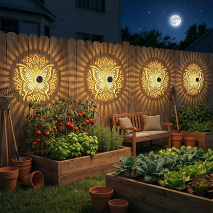 2 Pack Solar Fence Lights Metal Solar Powered Outdoor Wall Deck Step Lights Butterfly Mandala Theme Waterproof Fence Light for Garden Post Patio Backyard Yard Decor, Gardening Gifts for Women Mom