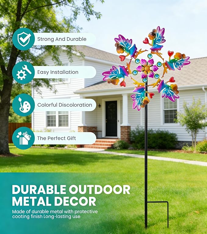 44" Flower Fairy Garden Wind Spinners - Metal Outdoor Stakes Kinetic Wind Spinner Windmills Decor, Wind Sculpture Yard Art Decorations for Patio, Lawn & Garden
