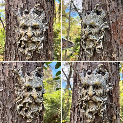 Tree Face Garden Statues Outdoor Decoration Clearance, Whimsical Old Man Face for Tree Hugger Sculpture, Wallmount Statue Fairy Art with Beard, Yard Fence Hanging Decor, 6.9" x 2.8" x 9.8"