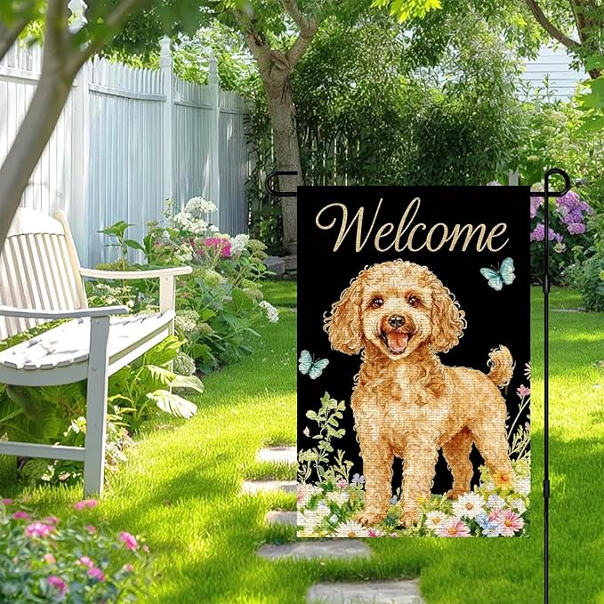 IVN Summer Poodle Dog Garden Flag 12x18 Inch Welcome Poodle Butterflies Wildflowers Double Sided Yard House Flag Seasonal Outdoor Decoration for Outside Home Front Door Lawn Porch Patio Spring Decor