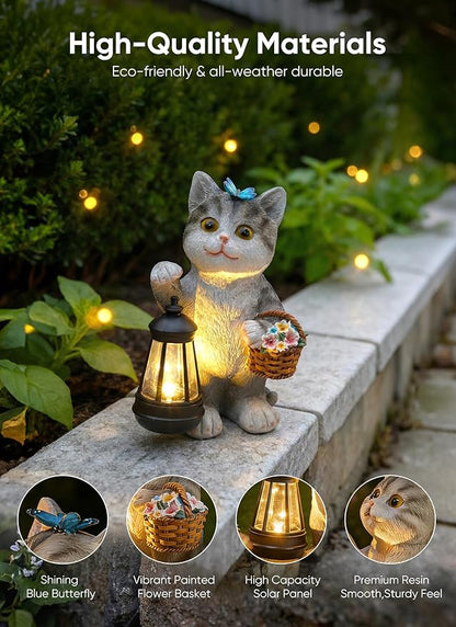 Brightown Solar Cat Garden Decor Statue with Solar Lantern Light, Hand-Painted Resin, IP65 Waterproof Outdoor Decor for Patio, Balcony & Yard Decorations, Unique Mothers Day Gifts for Mom Women