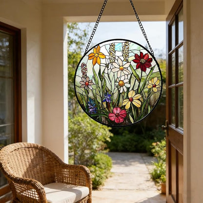DASTOLL Stained Glass Window Hanging, Colorful Wildflowers Plant Scenery Suncatcher for Doors Window Home White Green Sun Catchers Decor Mother's Day Birthday Gifts for Women, Men Mom 11.8 in