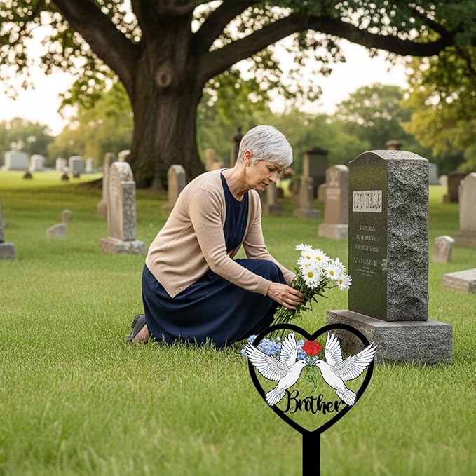 Brother Grave Decorations for Cemetery - Heart Metal Memorial Stake with Doves - Sturdy Waterproof Brother Remembrance Plaque - Graveside Burial Markers, Loss of Brother Gift(White Dove)