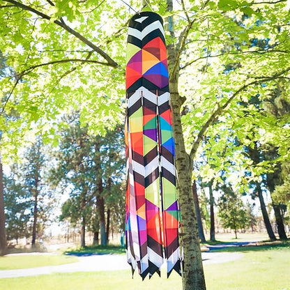 In the Breeze 5270 — Geometric Black & White 40-inch Illusion Windsock — Abstract Decor, Embroidered Details, Fully Printed Tails
