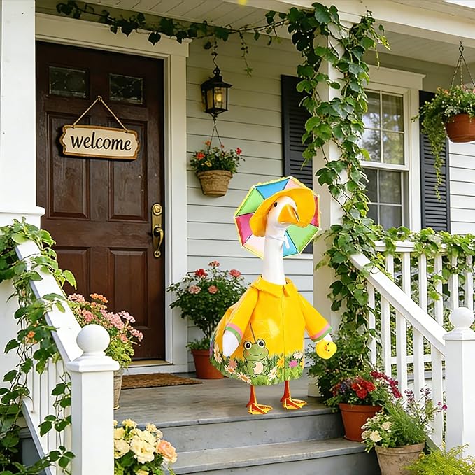 GJL Porch Goose Raincoat Outfit Fits 23 Inch Plastic Cement Goose Statue, Lawn Goose Clothes Set with Umbrella and Hat for Spring Summer Outdoor Yard Garden Decor