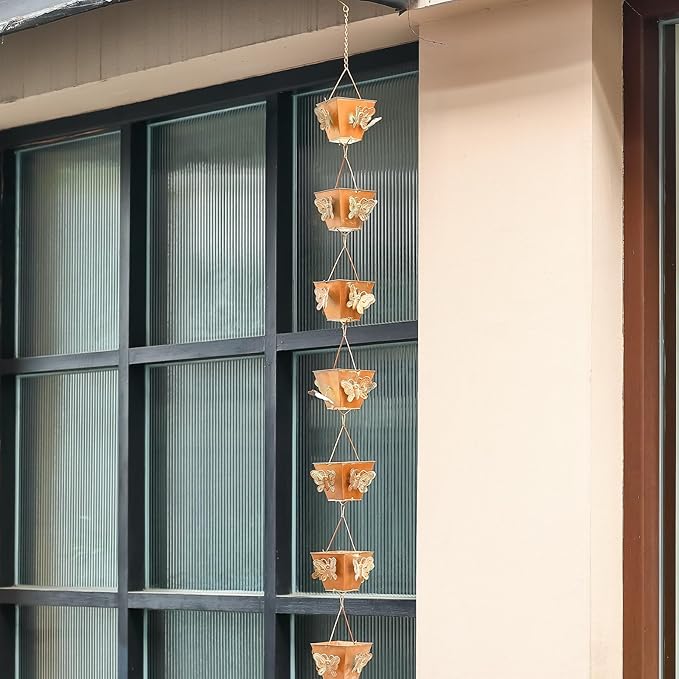 8.5 FT Golden Rain Chain with Butterfly Design - Decorative Downspout Alternative, Rustproof & Heavy Duty for Outdoor Water Drainage - Easy to Install, Prevents Splashing (Butterfly Cup Design)