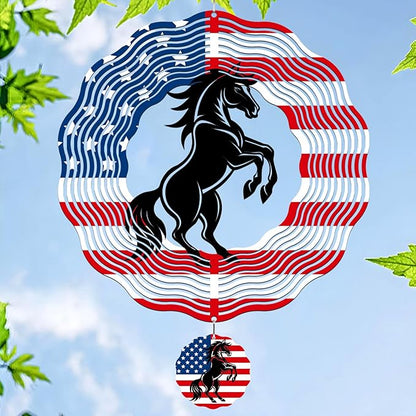 Horse Wind Spinners Outdoor - Horse Gifts for Men Women, American Flag Wind Chime for Outside, Hanging Metal Wind Sculptures for Garden Indoor Patio Lawn Yard, Veterans Day