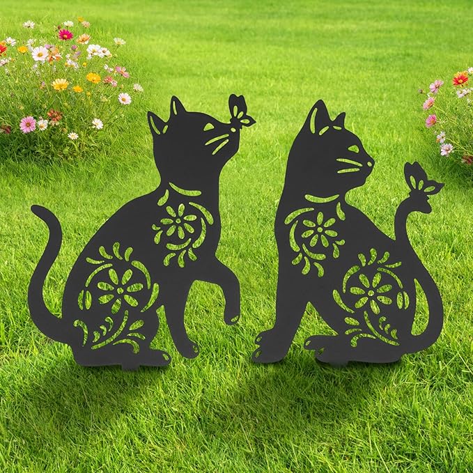 FACULX Cat Metal Decorative Garden Stakes, Rust Proof Cat Metal Black Silhouette Decor Garden Stakes for Yard Patio Lawn Decorations, Cats Outdoor Decor Gifts for Women/Men