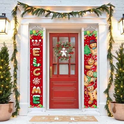 Ivenf Christmas Decorations Outdoor Yard: Cute Gingerbread Man Front Porch Sign Set, Hanging Red Brown Welcome Door Banner Xmas Decorations for Home, Wall Front Door Yard Garage Indoor Outdoor Décor