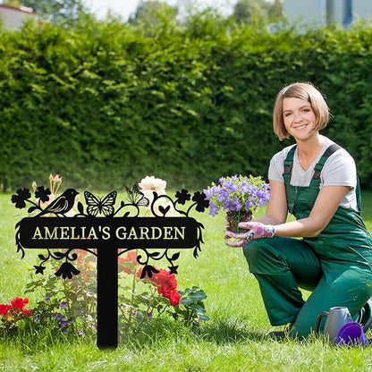 Personalized Metal Garden Signs with Stake, Custom Garden Signs for Outside Waterproof, Customized Name Sign Yard Lawn Gardens Decor Gardening Gifts for Moms Grandmas Gardeners