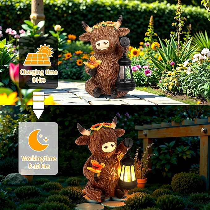 Solar Highland Cow Outdoor Statues for Garden,Outside Decor with Latern for Yard Lawn Ornaments Porch Patio Balcony Home,Birthday Easter Gifts for Grandma Mom Women