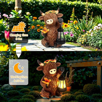 Solar Highland Cow Outdoor Statues for Garden,Outside Decor with Latern for Yard Lawn Ornaments Porch Patio Balcony Home,Birthday Easter Gifts for Grandma Mom Women