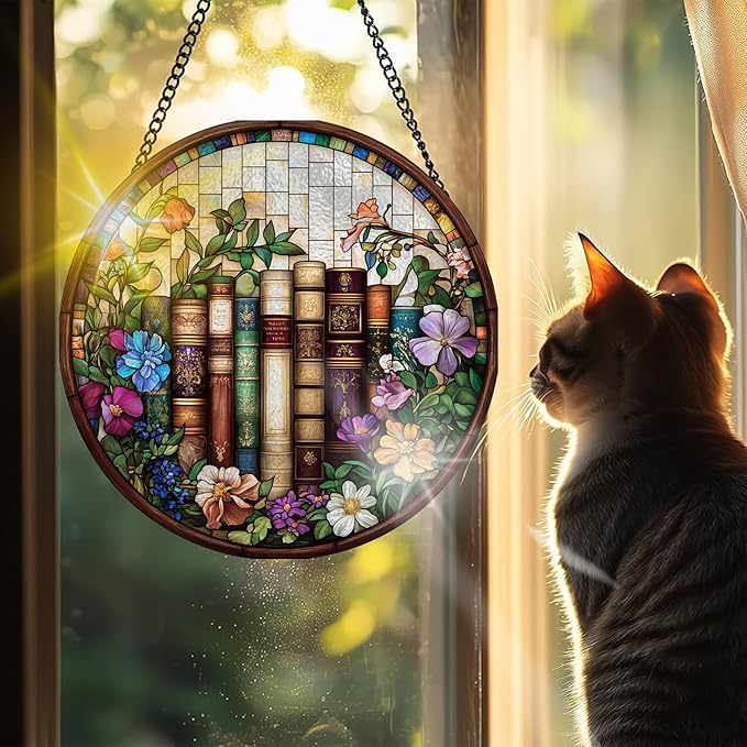 VAIIEYO Book Sun Catcher Stained Glass Window Hanging Ornament, Handmade Sun Catcher Flower Decoration with Hooks for Window Garden Home, Birthday Housewarming Gift 7.8 inch
