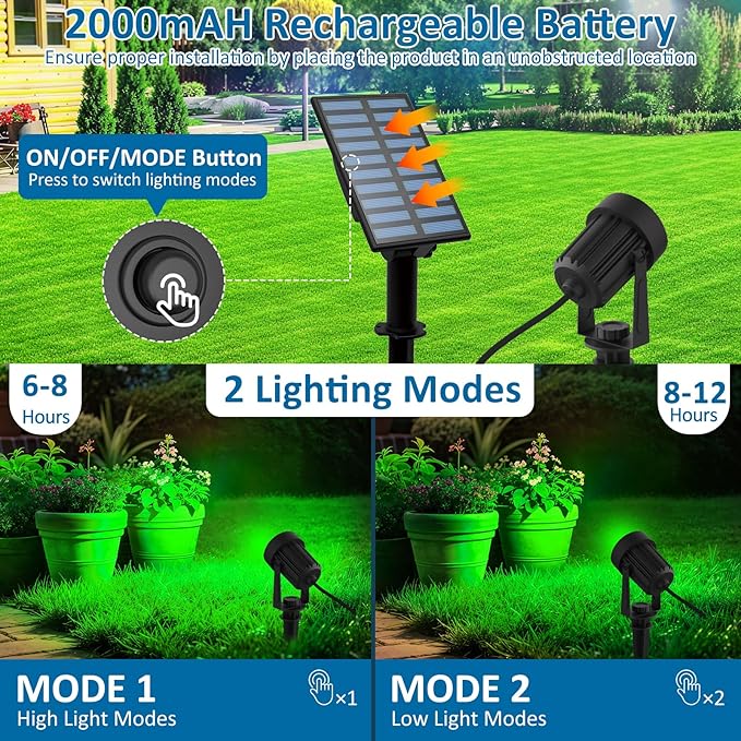 T-SUNUS Green Solar Spot Lights Outdoor 2 Pack, Separated Solar Panel with 9.8ft Cable, Adjustable Solar Landscape Spotlights IP65 Waterproof Auto On/Off for Yard Garden Tree Driveway Patio