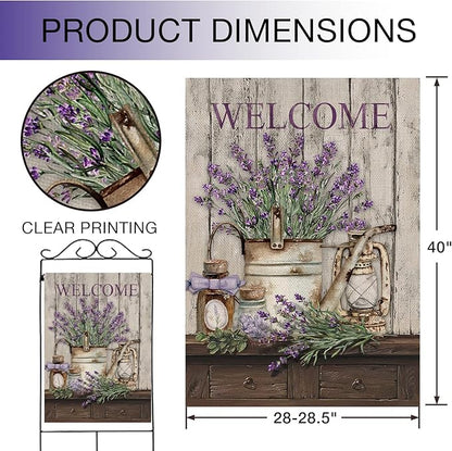 Hzppyz Welcome Spring Summer House Flag Lavender Flower Bucket, Floral Decorative Garden Yard Lawn Outdoor Large Burlap Flag Lantern Decor, Vintage Farmhouse Seasonal Outside Decorations Double Sided 28 x 40