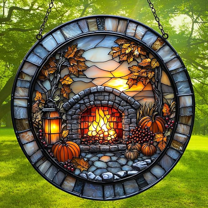 Cozy Autumn Fireplace Acrylic Suncatcher Stained Glass Effect Window Car Hanging Christmas Ornament Indoor Outdoor Decor Garden Sun Catcher Panel for Halloween Lover for Women Mom Grandma