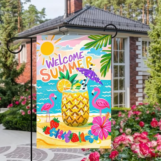 BlissYard Welcome Summer Garden Flag 12x18 Double Sided Flamingo Sunshine Hawaii Tropical Beach Holiday Garden Flags Welcome Summer Tropical Ocean Sea Yard Flag for Seasonal Outdoor Party Decoration