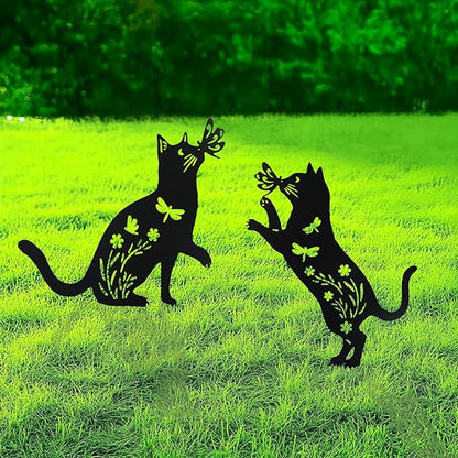 Flohuaer 2PCS Cat Metal Garden Stakes Decorative Unique Gifts for Women/Men Cat Lovers Black Silhouette Statues for Outside Yard Art Outdoor Patio Lawn Ornaments Garden Decorations