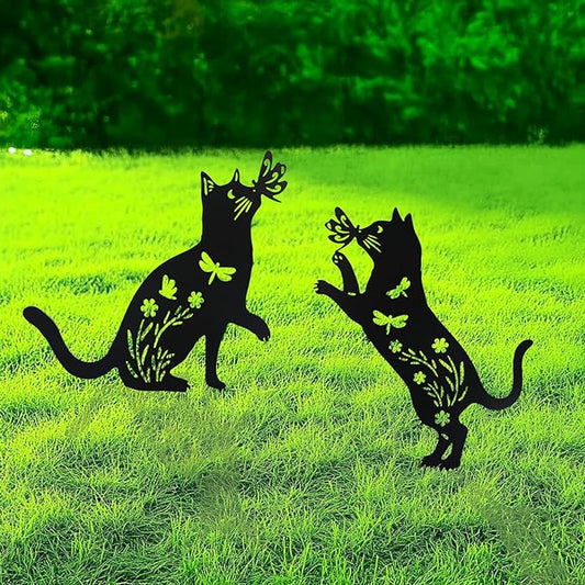 Flohuaer 2PCS Cat Metal Garden Stakes Decorative Unique Gifts for Women/Men Cat Lovers Black Silhouette Statues for Outside Yard Art Outdoor Patio Lawn Ornaments Garden Decorations
