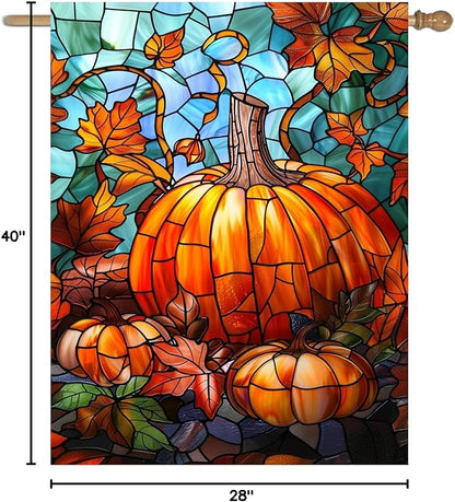 Pumpkin Fall Garden Flag Autumn flags 28x40 Double Sided Large Stained Glass Thanksgiving House Flag Harvest Yard Flag for Outside Porch Lawn Decor