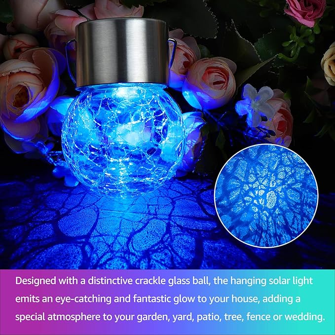 MAXvolador 12-Pack Hanging Solar Lights, Decorative Cracked Glass Ball Light, Multicolor Solar Powered Waterproof Globe Lighting for Garden, Tree
