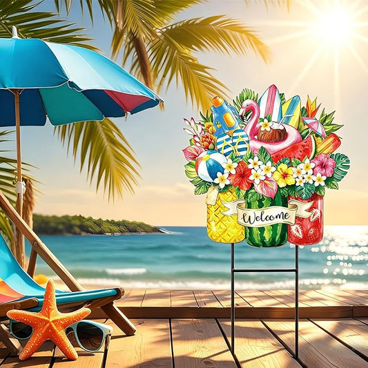 Amyhill Summer Tropical Outdoor Decor Garden Stakes Metal 25 Inch Hawaiian Luau Welcome Yard Signs Decorations Outdoor Tropical Decorative Garden Stakes Patio Lawn Walkway Backyard Porch Decorations
