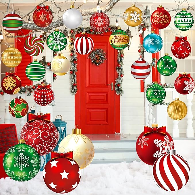 Huwena 30 Pcs Christmas Outdoor Hanging Decorations Snowflakes Candy Yard Signs Include 6 Plastic Yard Stakes 24 Double Sided Ornaments for Christmas Winter Holiday Garden Tree Decor (Ball)