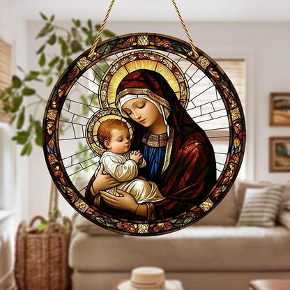 8x8 inch Charming Madonna and Child Acrylic Stained Glass Window Hanging Sun Catcher Decor Stained Panel Hangings Wall Art Decor, for Friends and Family (Madonna and Child)