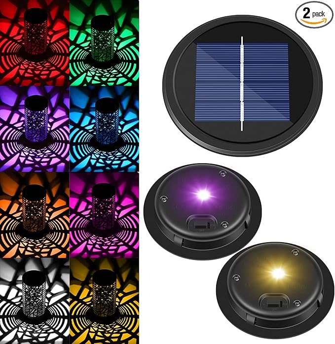 Replacement Solar Light Parts 2 Mode 2 Pack Warmwhite and RGB Color-Changing ,Solar Lights Replacement Top, Inserts for Lanterns, Waterproof DIY Outdoor Garden Patio Decor 3.53inch
